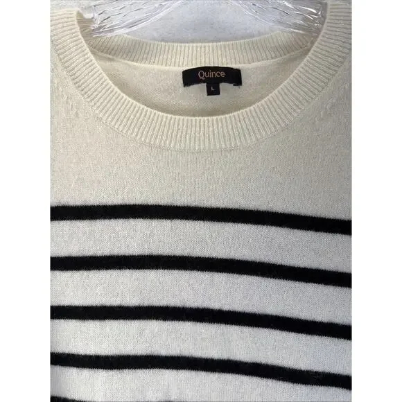 Quince Cashmere Ivory Black Stripe Short Sleeve Sweater Tee Shirt Large Staple - Picture 2 of 7